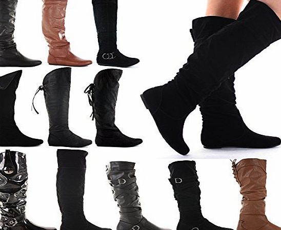 FrontCover WOMENS LADIES WINTER BIKER WALKER STYLE RIDING LOW FLAT HEEL KNEE THIGH HIGH BOOTS SIZE 3-8 NEW