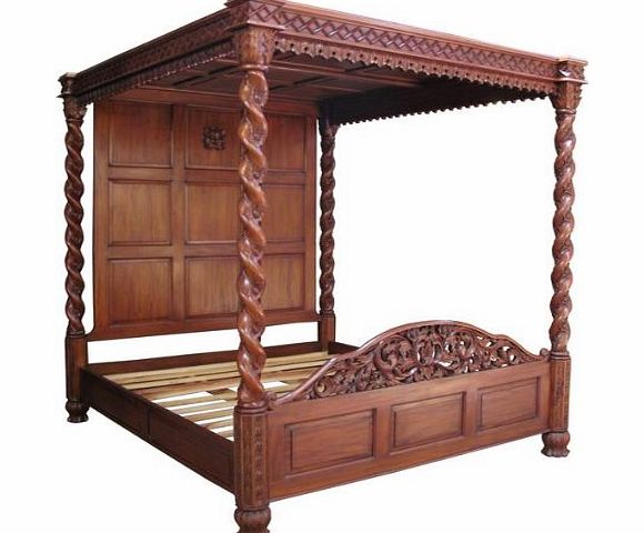 Furniture-House 46`` Double Solid Panel Heavy Four Poster Bed Waxed Mahogany Barley Twist Posts