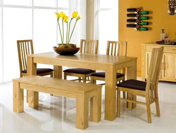 Calla Oak Bench Dining Set with Slatted Chairs