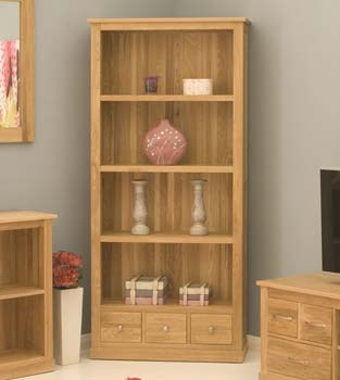 Furniture123 Maban Solid Oak 4 Shelf 3 Drawer Bookcase