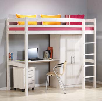 Minnie White Highsleeper Bed with Desk, Wardrobe