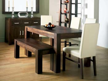 Nyon Walnut Bench Dining Set with Ivory Chairs -