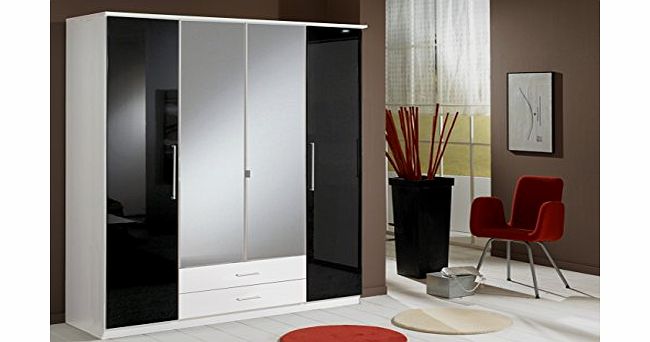 Furniturefactor Berlin 4 Door German Wardrobe Black Gloss and Alpine White- UK ONLY