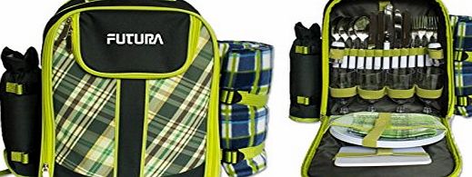 Futura 4 Person Picnic Backpack/Rucksack with cooler compartment/padded straps/bottle holder/front pocket/fleece blanket with waterproof backing amp; 21 Picnic set