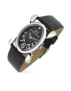 Women` Black Oval Stainless Steel and Leather Dress Watch