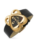 Women` Heart-shaped Gold Plated Black Leather Watch
