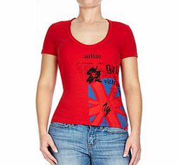 Red newspaper print cotton T-shirt