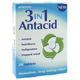 Galpharm 3-in-1 Antacid contains antacids which relieve the symptons of indigestion.  heartburn.  ex