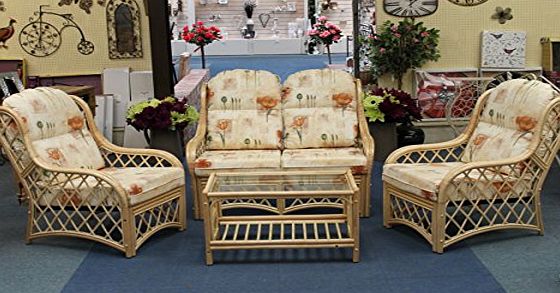 Garden Market Place Cottage Cane Conservatory Furniture 3 Piece Suite - 2 Chairs and a Sofa - Natural Poppies Fabric