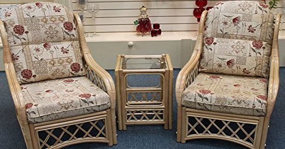 Garden Market Place Cottage Cane Conservatory Furniture Duo Set - 2 Chairs and a Table -Natural Poppies Fabric.