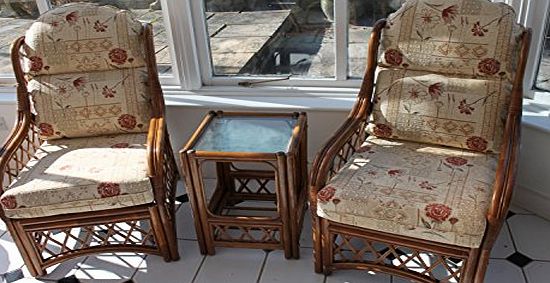 Garden Market Place Cottage Cane Conservatory Furniture Duo Set-Walnut Colour- 2 Chairs and a Table- Rose Design Fabric