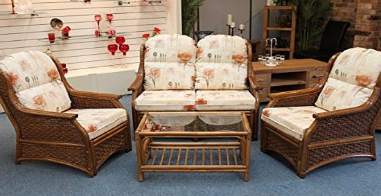 Garden Market Place Thatched Cottage Cane Conservatory Furniture 3 Piece Suite- 2 Chairs and Sofa - Natural Poppies Fabric
