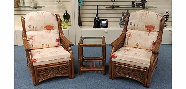 Garden Market Place Thatched Cottage Cane Conservatory Furniture Duo Set - 2 Chairs and a Table- Natural Poppies Fabric.