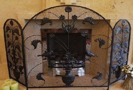 Black Wrought Iron Birds & Leaves Arched Metal and Mesh Fire Screen Guard