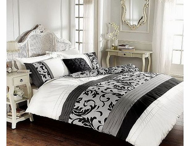 Gaveno Cavailia REVERSIBLE FLORAL PLEATED KING BED DUVET COVER QUILT BEDDING SET SCROLL BLACK