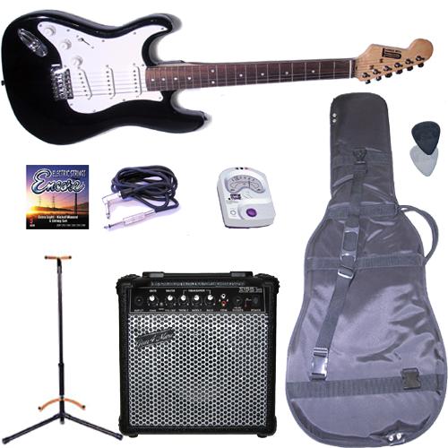 gear4music BLACK L/H Strat Style Guitar & COMP PACK