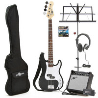 Gear4Music Electric G-4 Bass Guitar Black Christmas Pack