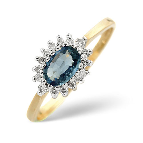 Diamond and Marquise Iolite Ring In 9 Carat Yellow Gold