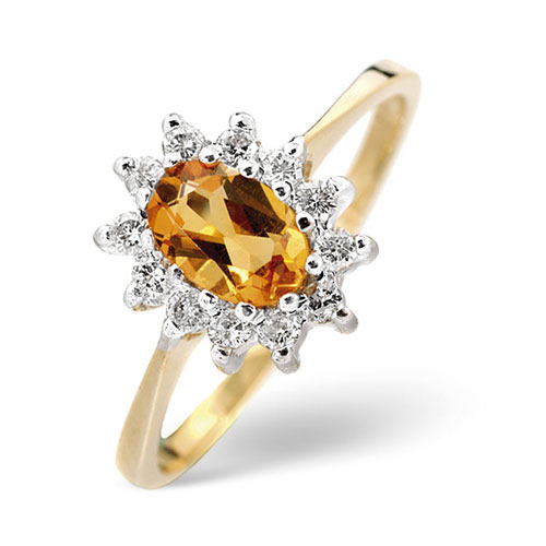 Diamond and Oval Cut Golden Citrine Ring In 9 Carat Yellow Gold