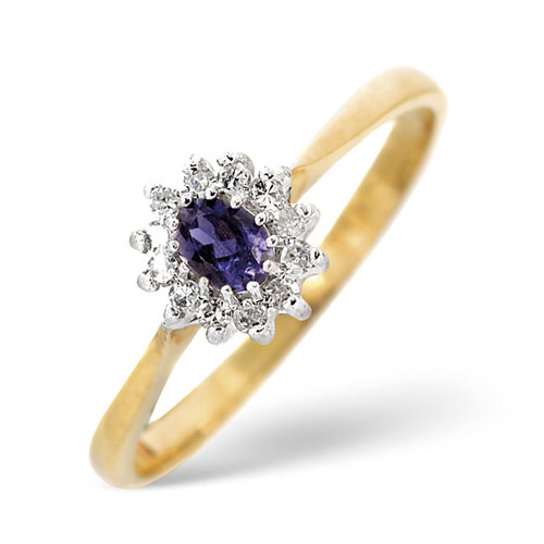 Diamond and Oval Cut Iolite Ring In 9 Carat Yellow Gold