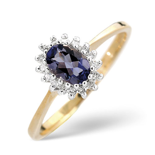 Diamond and Oval Iolite Ring In 9 Carat Yellow Gold