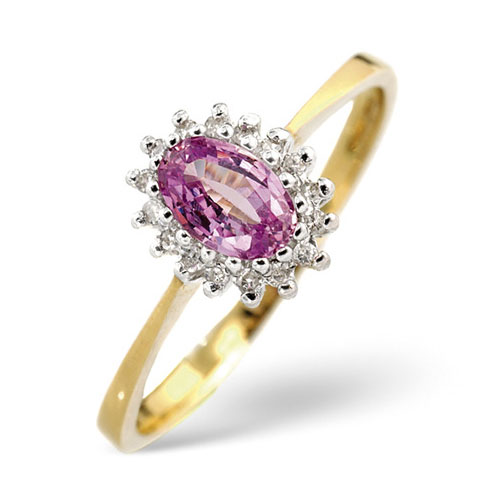 Diamond and Oval Pink Sapphire Ring In 9 Carat Yellow Gold