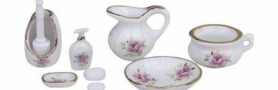 Generic 8Pcs Decorative Floral Ceramic Bathroom Accessories Set for 1/12 Dollhouse---Pastel Rose