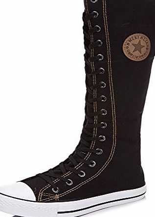 Generic Bilun Girls Knee High Punk Dancing Black Canvas Boot,uk6