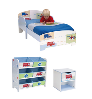 Boys Toddler Bed + Bedside Table + 6 Bin