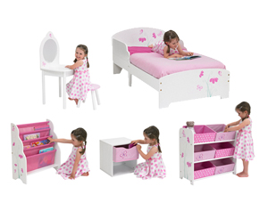 Girls Toddler Bed + Bedside Table + Bin