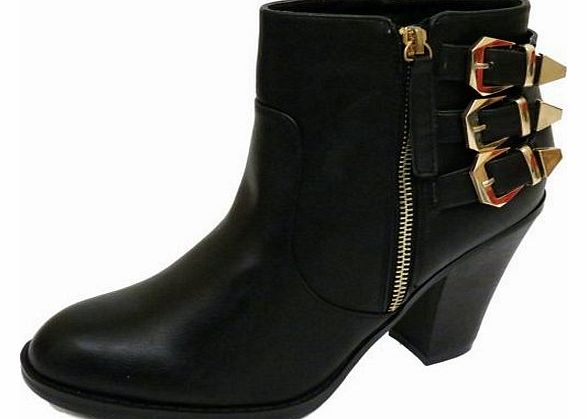 Ladies Black Ex-Designer Zip-Up Ankle Biker Buckle Heel Boots Shoes Sizes 3-9