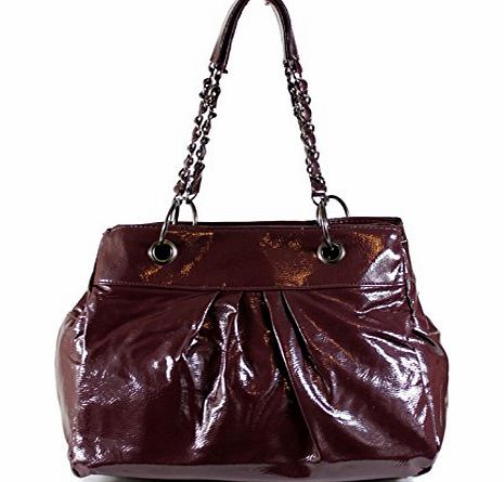 Generic LADIES PATENT DESIGNER LEATHER SHOULDER BAG 3 COMPARTMENTS CHAIN STRAPS HANDBAG (Brown)