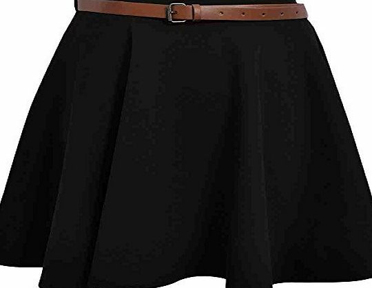 Generic New Ladies Womens Plain Mini Skater Flared Belted Swing Short Stretchy Skirts (M/L 12-14, Black)