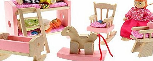 Pink Childrens Bedroom Wooden Dolls House Furniture Set Miniature Nursery Set