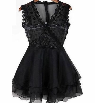 Generic Vintage Lace Women Sleeveless Mini Pleated Skirted Party Evening Cocktail Dress (black)