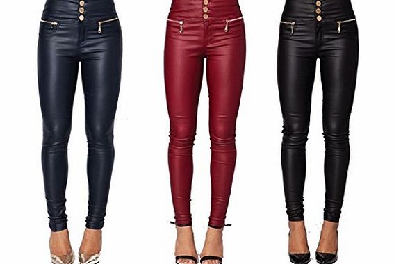Generic WOMENS SUPER SKINNY FIT HIGH WAIST 3 BUTTON LEATHER WET LOOK PANTS TROUSERS (10, BLACK)