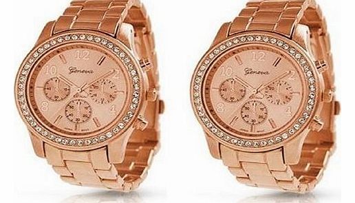 Geneva 2 PACK Geneva Rose Gold Plated Classic Round CZ Ladies Boyfriend Watch