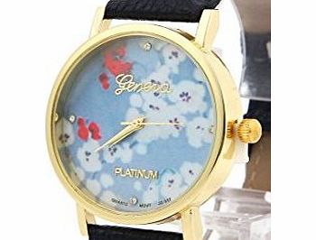 CHIC*MALL New Fashion Leather Geneva Rose Flower Watch For Women Dress Quartz Watches White