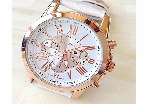 Womens Fashion Classic Leather Quartz Wrist Watch (White)