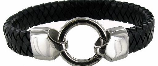 Stainless Steel Thick Black Bangle With Round Clasp (made from real leather)