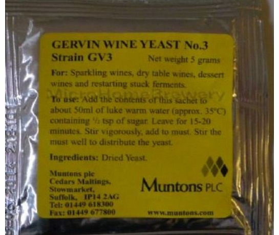 Gervin Wine Yeast Strain GV3 No.3 Yellow Label 5g Sparkling or Desert Wine 5-23L