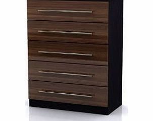 Wyoming Gloss 5 Drawer Chest of Drawers - 5 Large Drawers - Black Frame - Walnut Drawers - Silver Handles - Wood - Contemporary Bedroom Furniture
