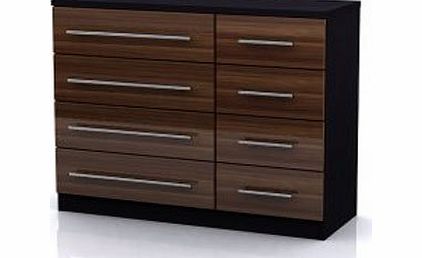 GFW Wyoming Gloss 8 Drawer Chest of Drawers - 4 Plus 4 Drawer Chest - 4 Large Drawers - 4 Small Drawers - Black Frame - Walnut Drawers - Silver Handles - Wood - Contemporary Bedroom Furniture