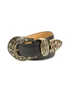 Ghibli Jeweled Black Pebbled Calf Leather Western-style Belt