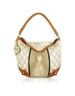 Quilted Beige and Brown Leather Trim Hobo Bag