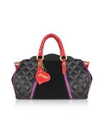 Quilted Black Leather Trim Satchel Bag