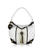 Ghibli Quilted White and Black Leather Trim Hobo Bag