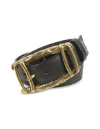 Ghibli Women` Oversized Buckle Black Washed Calf Leather Belt