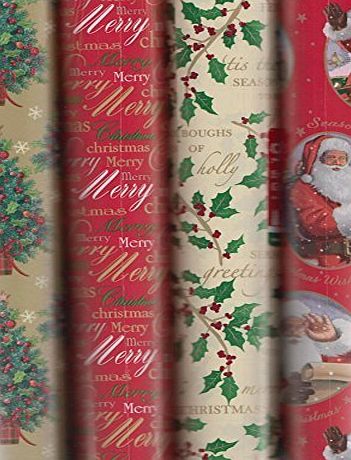 Gift Maker 4 x 5M Rolls Of Christmas Gift Wrapping Paper Traditional Holly Santa Tree WCTD