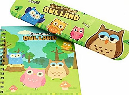Gifts For Kids Funky And Cool Metal Owl Design School Pencil Case And Colourful Ring Bound Owl Design Note book Wit